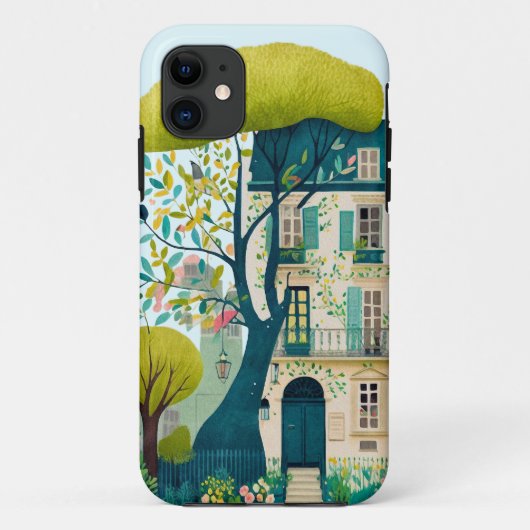 Waterverf Gebouw Brownstone Walkup Tree Balkon Case-Mate iPhone Case (Achterkant)