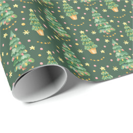 Waterverf Gedecormeerde kerstbomen Groen Patroon Cadeaupapier