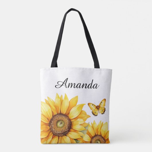 Waterverf Geel Aangepast Script Naam Zonnebloem Tote Bag (Achterkant)