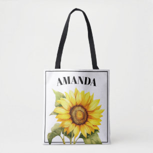 Waterverf Geel Aangepaste Gebogen Naam Zonnebloem Tote Bag