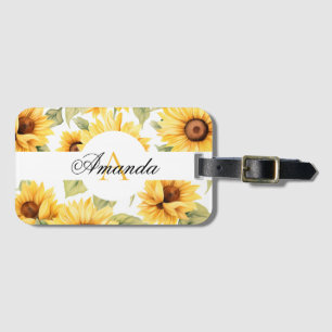 Waterverf geel blad zonnebloempatroon monogram bagagelabel