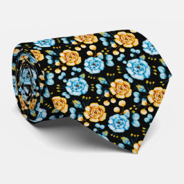 Waterverf Geel Blauw Roos Botanisch Stropdas