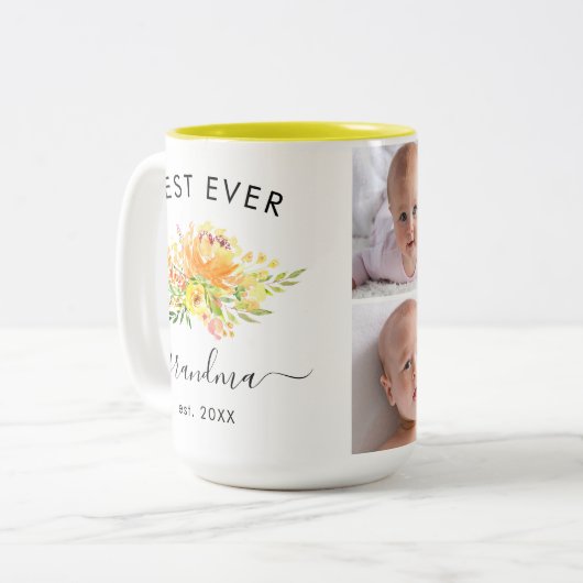 Waterverf Geel Bloemen 4 Aangepaste Foto Oma Tweekleurige Koffiemok (Voorkant links)
