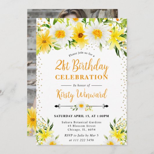 Waterverf Geel Bloemen & Daisies 21e Verjaardag Kaart (Voorkant / Achterkant)