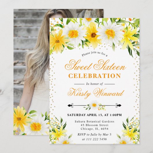 Waterverf Geel Bloemen & Daisies Foto Zoet 16 Kaart (Voorkant / Achterkant)