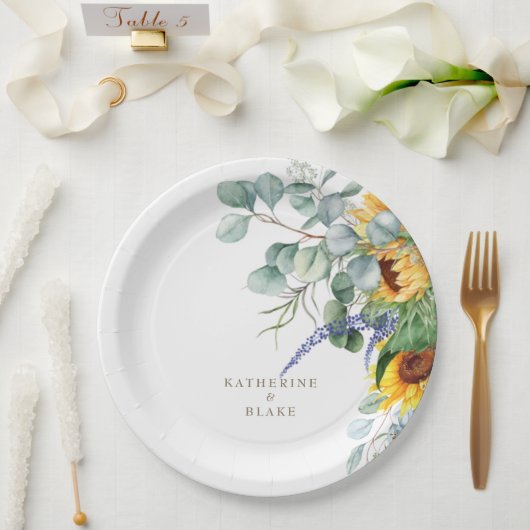 Waterverf Geel Bloemen Gepersonaliseerde Bruiloft Papieren Bordje (Huwelijk)