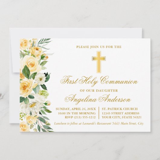 Waterverf Geel Bloemen Goud Eerste Communie Kaart (Voorkant)