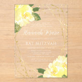 Waterverf Geel Bloemen Gouden Vleermuis Mitzvah Acryl Uitnodigingen (Voorkant)