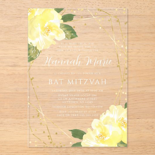Waterverf Geel Bloemen Gouden Vleermuis Mitzvah Acryl Uitnodigingen (Voorkant)