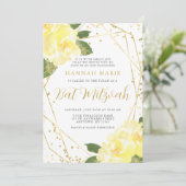 Waterverf Geel Bloemen Gouden Vleermuis Mitzvah Kaart (Staand voorkant)