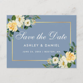 Waterverf Geel Bloemen Stoffig Blauw Save the Date Briefkaart
