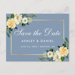 Waterverf Geel Bloemen Stoffig Blauw Save the Date Briefkaart