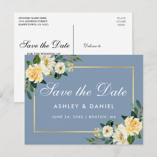 Waterverf Geel Bloemen Stoffig Blauw Save the Date Briefkaart (Voorkant / Achterkant)