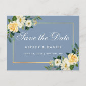 Waterverf Geel Bloemen Stoffig Blauw Save the Date Briefkaart (Voorkant)