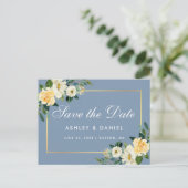 Waterverf Geel Bloemen Stoffig Blauw Save the Date Briefkaart (Staand voorkant)