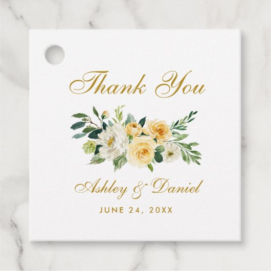 Waterverf Geel Bloemengoud Bruiloft Dank u Bedankjes Labels (Voorkant)