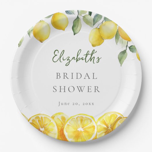 Waterverf Geel Citroen Bruidsdouche Papieren Bordje (Voorkant)