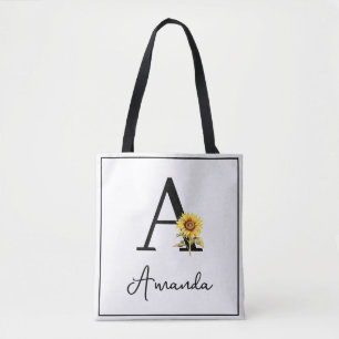 Waterverf Geel Custom Monogramed Naam Zonnebloem Tote Bag