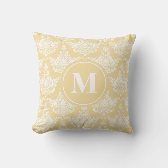  Waterverf geel Damask Monogram Kussen (Voorkant)