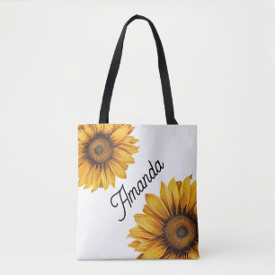 Waterverf Geel Diagonaal Script Naam Zonnebloemen Tote Bag