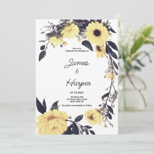 Waterverf geel donkergrijs daisy floral Wedding Kaart (Staand voorkant)