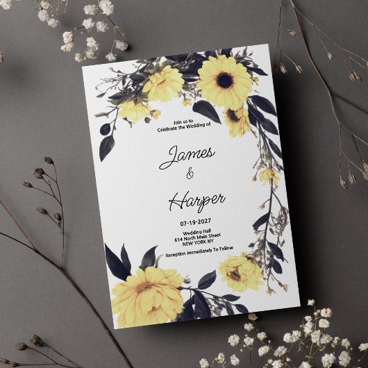Waterverf geel donkergrijs daisy floral Wedding Kaart