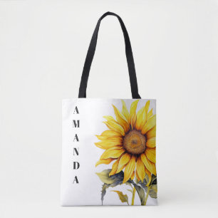 Waterverf Geel Elegant Custom Naam Zonnebloem Tote Bag