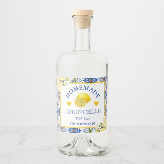 Waterverf Geel en Blauw Homemade Limoncello Likeurfles Etiket (Voorkant)