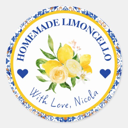 Waterverf Geel en Blauw Homemade Limoncello Ronde Sticker (Voorkant)