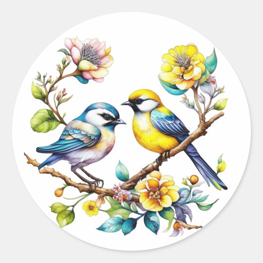 Waterverf Geel en Blauw Vogels en Bloemen Ronde Sticker (Voorkant)