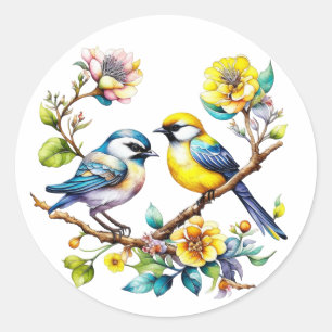 Waterverf Geel en Blauw Vogels en Bloemen Ronde Sticker