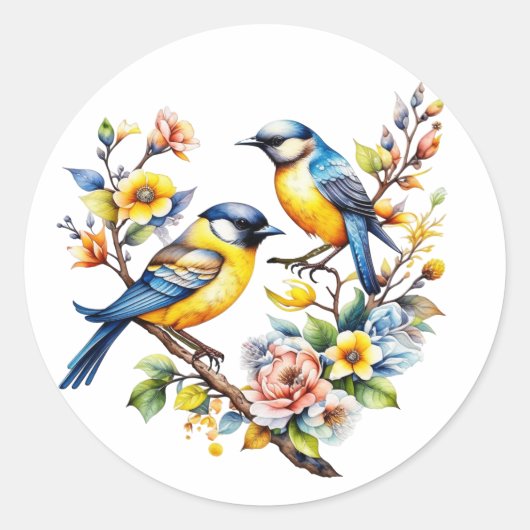 Waterverf Geel en Blauw Vogels en Bloemen Ronde Sticker (Voorkant)