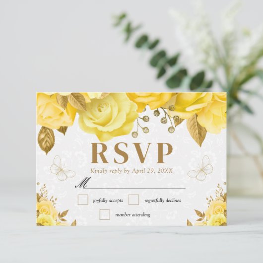Waterverf Geel en Goud Rozen bruiloft RSVP Kaartje (Staand voorkant)