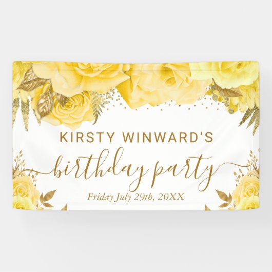 Waterverf Geel en Goud Rozen Verjaardag Spandoek (Horizontaal)