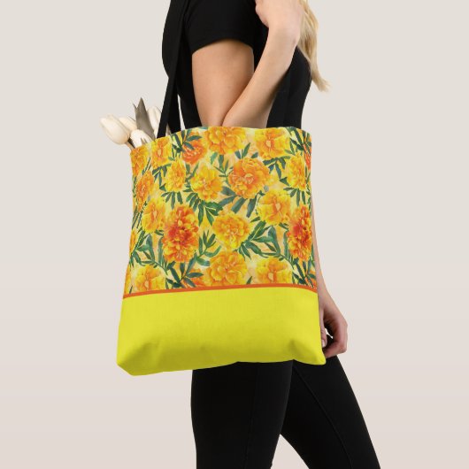 Waterverf Geel en Sinaasappel Marigolds, Kleurenbl Tote Bag (Dichtbij)