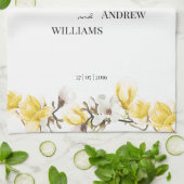 Waterverf Geel en White Magnolia Blossom Theedoek (Gevouwen)