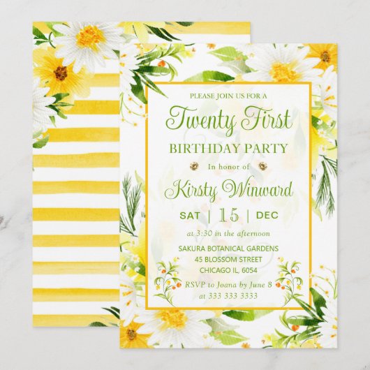 Waterverf Geel en Witte Dagen 21ste verjaardag Kaart (Voorkant / Achterkant)