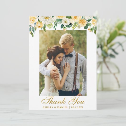 Waterverf Geel Floral Foto Gold Bedankkaart (Staand voorkant)