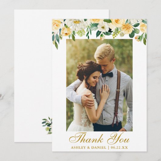 Waterverf Geel Floral Foto Gold Bedankkaart (Voorkant / Achterkant)