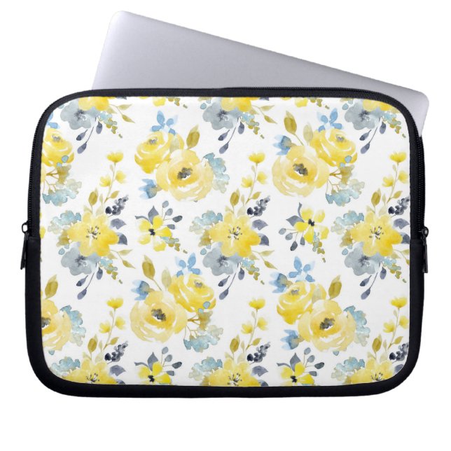 Waterverf Geel Floral Patroon Laptop Sleeve (Voorkant)