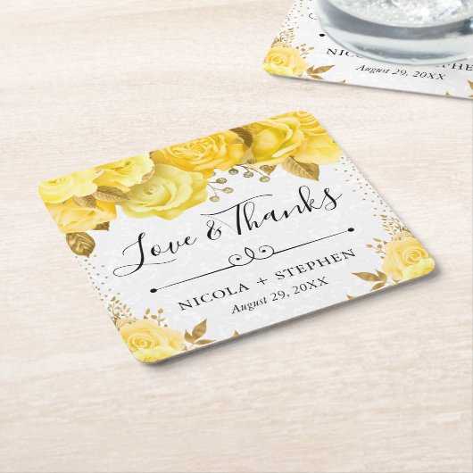 Waterverf Geel Glam Rozen bruiloft Kartonnen Onderzetters (Schuin)