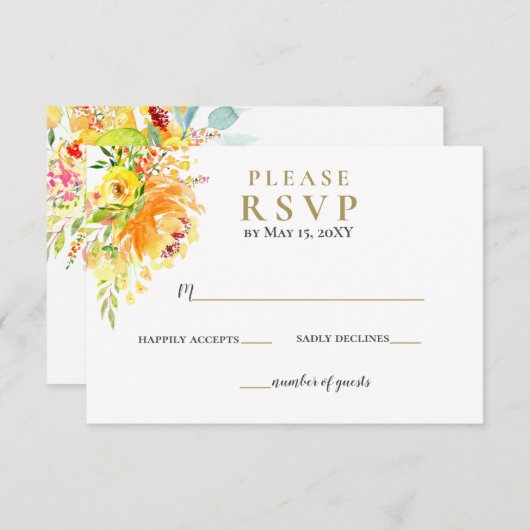 Waterverf Geel goud Floral Rustic Wedding RSVP Kaartje (Voorkant / Achterkant)
