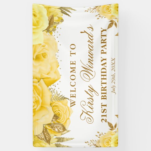 Waterverf Geel Goud Rozen Verjaardag Welkom Spandoek (Verticaal)