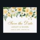 Waterverf Geel Goud Wit Bloemen Save the Date Aankondigingskaart<br><div class="desc">Waterverf Geel Goud Wit Bloemen Save The Date Verloving Briefkaart - Gouden Tekst</div>