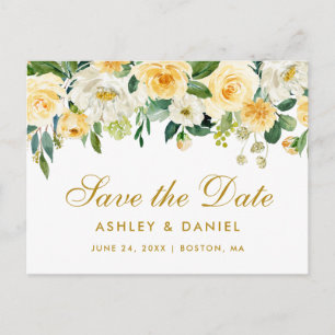 Waterverf Geel Goud Wit Bloemen Save the Date Aankondigingskaart