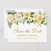 Waterverf Geel Goud Wit Bloemen Save the Date Aankondigingskaart (Voorkant / Achterkant)