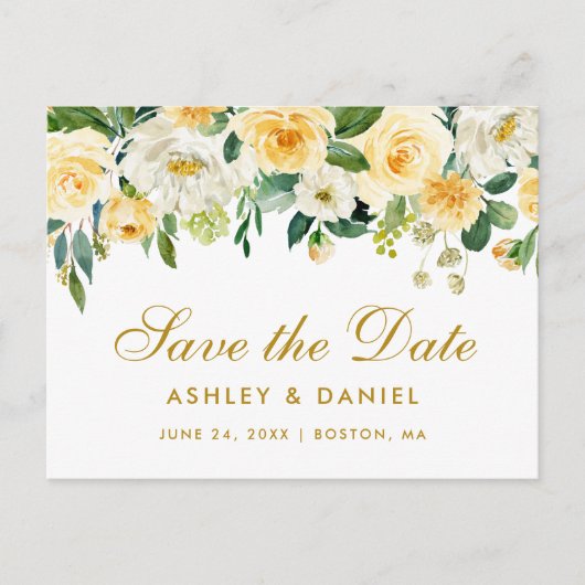 Waterverf Geel Goud Wit Bloemen Save the Date Aankondigingskaart (Voorkant)