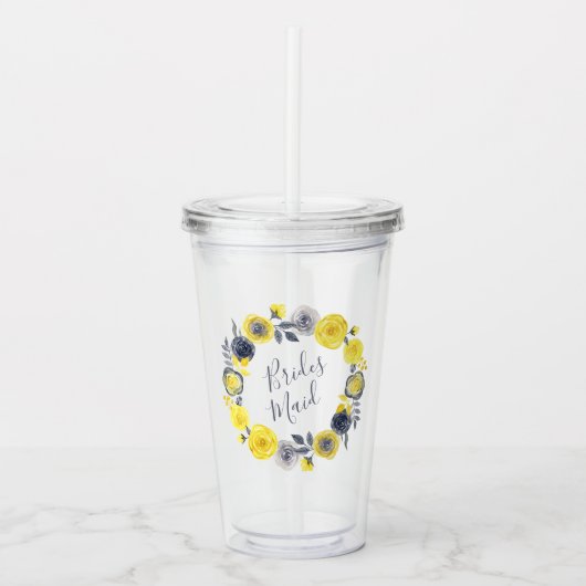 Waterverf Geel Grijs Bloemen Krans Bruiloft Acryl Drinkbeker (Voorkant)