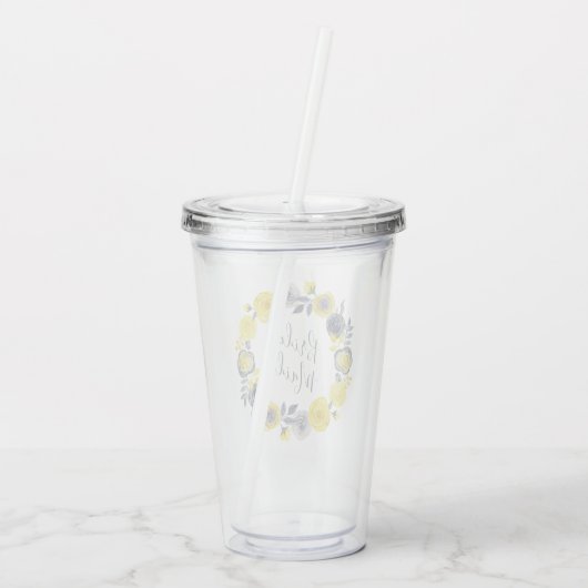 Waterverf Geel Grijs Bloemen Krans Bruiloft Acryl Drinkbeker (Achterkant)