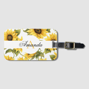 Waterverf Geel & Groene Zonnebloem Monogramed Bagagelabel